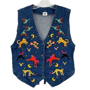 Vintage Los Manos Hand Embroidered Denim Vest Animal Themed Womens Medium/Large